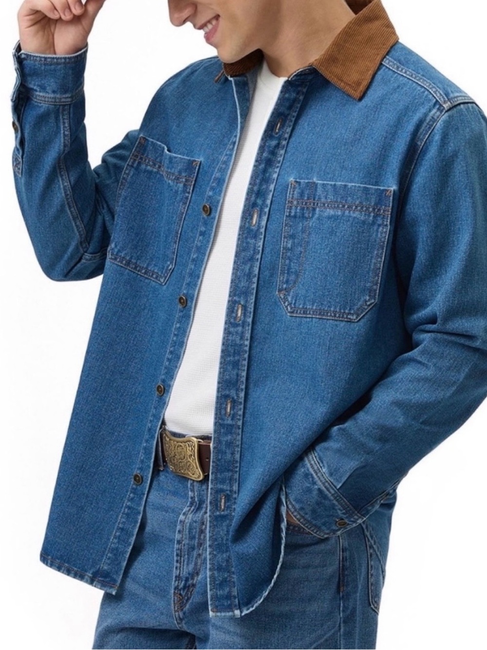 Frye Men's Blue Denim Shacket Brown Corduroy Collar, Pockets NWT XL       💙🤎 - Picture 2 of 5